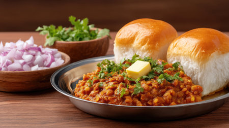 A delicious vegetarian dish featuring a spiced lentil curry topped with butter, served alongside freshly baked bread rolls and chopped onions.の素材