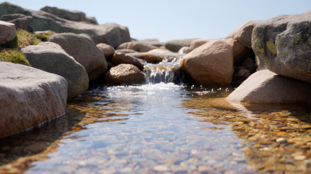 A serene view of a crystal-clear stream flowing over smooth rocks, illuminated by sunlight, showcasing the beauty of nature in a calm and peaceful outdoor environment.の素材
