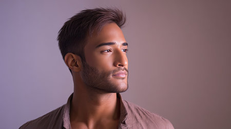 A thoughtful young man with styled hair is captured in a soft light, gazing intently off to the side, exuding confidence and calmness.の素材