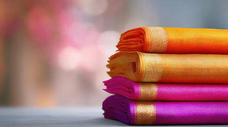This captivating image features a stack of colorful folded fabrics in vibrant shades of orange, yellow, and pink. The shimmering borders add elegance, making it perfect for a variety of decorative or fashion-related projects.の素材