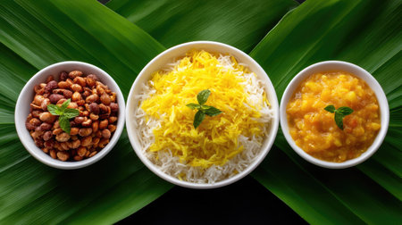 This vibrant food arrangement features fluffy rice topped with yellow spices, paired with spiced lentils and roasted nuts, elegantly presented on green leaves.の素材