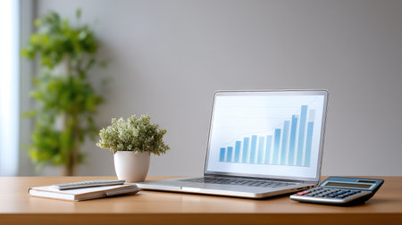 A sleek laptop is open on a wooden desk, displaying a growth chart. A calculator sits nearby, with a small potted plant adding a touch of greenery, ideal for a modern workspace.の素材