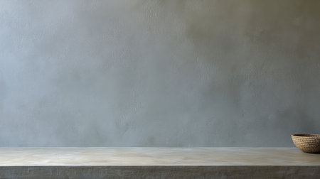 A smooth gray wall serves as a serene backdrop for a simple wooden table adorned with a woven basket, creating a calm and minimalist atmosphere ideal for stylish interiors.の素材