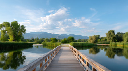A serene wooden bridge invites exploration over a calm lake, surrounded by lush greenery and majestic mountains, under a clear blue sky with soft, drifting clouds.の素材
