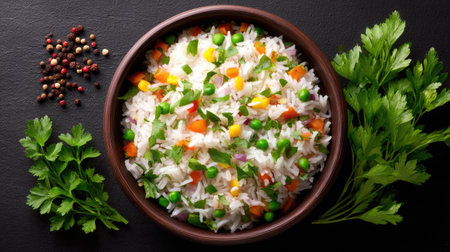 A beautiful bowl of colorful rice mixed with fresh vegetables, surrounded by herbs and spices, ideal for healthy meals and culinary presentations.の素材