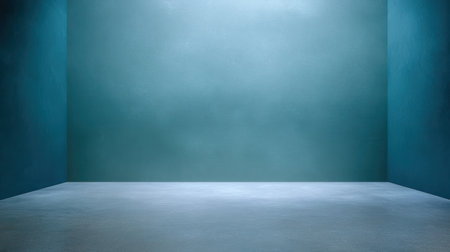A minimalist studio space featuring soft teal walls and a smooth concrete floor, creating a tranquil environment ideal for artistic displays and presentations.の素材