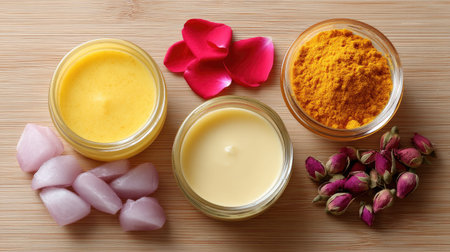 This vibrant arrangement features natural skincare ingredients such as turmeric and rose petals, highlighting their beauty and wellness benefits in a serene, organic setting.の素材