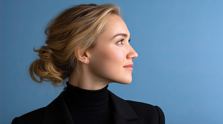 A graceful woman in profile showcases soft features and a serene expression against a vibrant blue backdrop. The elegant pose captures beauty and confidence.の素材