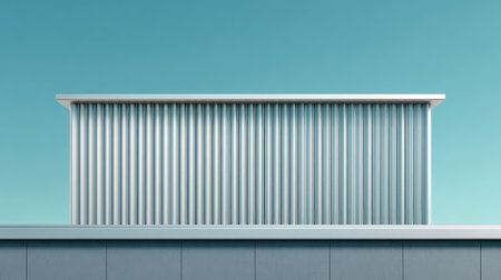 This image captures a modern building featuring a ribbed facade against a clear blue sky, showcasing minimalist design and architectural elegance in an urban setting.の素材