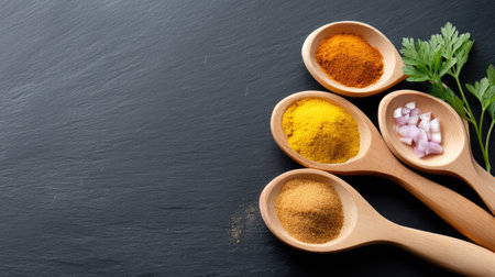 A collection of vibrant spices and fresh herbs elegantly presented in wooden spoons on a dark stone surface, perfect for culinary inspiration.の素材