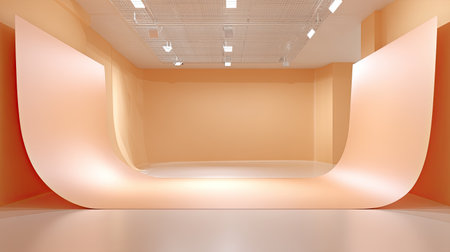 A beautifully designed minimalist studio featuring a soft peach background and smooth curved wall, perfect for artistic photography and creative projects.の素材