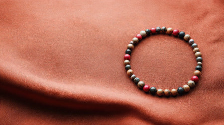 A colorful bead bracelet elegantly displayed on a soft orange fabric. This visually striking arrangement highlights unique craftsmanship and vibrant colors, ideal for jewelry lovers.の素材