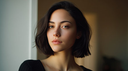 This stunning portrait captures a young woman's serene expression, highlighted by natural light in a soft indoor environment, conveying beauty and confidence.の素材