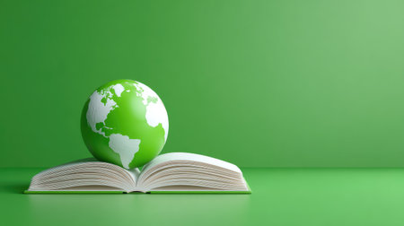 An open book with a vibrant green globe symbolizing environmental education and sustainability. This image inspires awareness for a greener planet and future.の素材