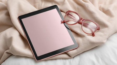 A cozy workspace setting featuring a pink tablet and stylish glasses resting on a soft blanket, ideal for remote work or leisure moments. Perfect for a minimalist aesthetic.の素材
