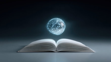 An open book sits against a dark backdrop, with a luminous sphere hovering above it, surrounded by sparkling lights. This captivating image symbolizes the essence of knowledge and imagination, evoking inspiration and creativity.の素材