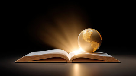 An artistic representation of an open book radiating light with a glowing globe emerging from its pages, symbolizing the power of knowledge and exploration.の素材