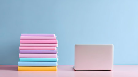 A vibrant study space featuring a stack of colorful books and a sleek laptop on a pink table. The pastel blue background enhances the modern aesthetic.の素材