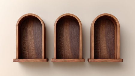 Discover three empty wooden shelves with a minimalist arched design, ideal for showcasing decor items or enhancing modern interiors with natural elegance and warmth.の素材