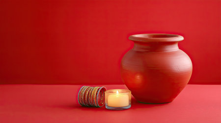 A charming rustic clay pot accompanied by a lit candle and decorative bangles, set against a vibrant red background, perfect for home decor ideas.の素材