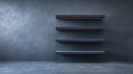 This image showcases a modern minimalist wall featuring four floating shelves on a textured surface, perfect for showcasing decor and enhancing a contemporary interior space.の素材