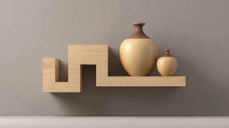 This image showcases a modern shelf design featuring two ceramic vases in warm tones. The minimalist style enhances any interior space, adding a touch of elegance.の素材