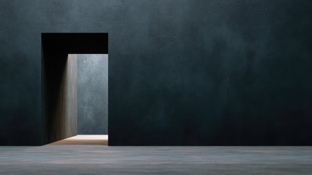 This minimalist interior features a softly lit doorway framed by textured dark walls, creating a calm atmosphere perfect for modern spaces and artistic projects.の素材