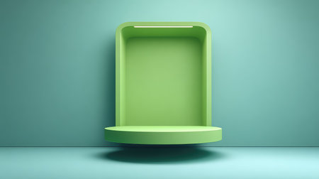 A vibrant green display shelf offers a modern minimalistic touch to any space. Ideal for showcasing creativity, this design enhances aesthetic appeal and functionality.の素材