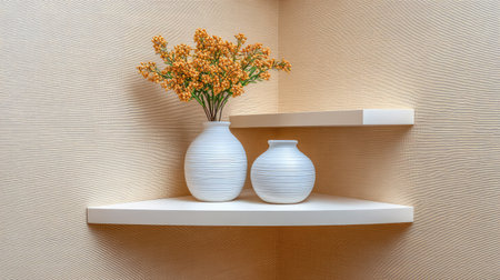 Discover a beautifully arranged corner shelf featuring white vases and a delicate floral display, creating a serene and inviting atmosphere in modern interior design.の素材