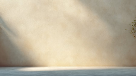 A softly lit neutral background featuring a textured wall and empty space, ideal for showcasing products, creative photography, or art displays. Perfect for minimalistic designs.の素材