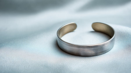 Close-up view of a stylish silver cuff bracelet resting on soft satin fabric. The smooth texture and elegant design create a luxurious aesthetic perfect for fashion enthusiasts.の素材