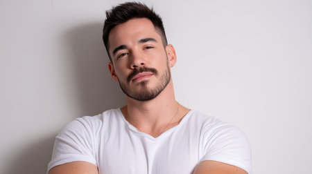 This image features a confident young man with a stylish look, smiling slightly while posing with arms crossed against a clean white background.の素材