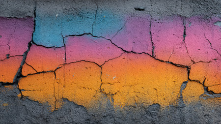 This striking image showcases a cracked wall featuring a colorful gradient of blue, pink, and orange, perfect for urban-themed designs or creative projects.の素材