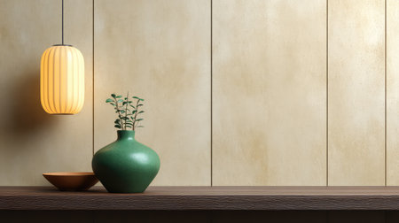 A serene interior arrangement showcasing a green vase with a leafy plant beside a brown bowl and a warm pendant light, creating a peaceful and inviting space.の素材