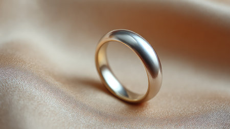 A beautifully crafted metal band ring resting on soft satin fabric, showcasing elegance and simplicity, perfect for weddings, engagements, or special gifts.の素材