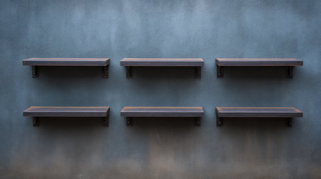 A set of six wooden shelves mounted on a blue textured wall offers a minimalist display space. Ideal for home decor, organization, and enhancing interior environments.の素材