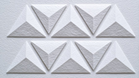 Minimalistic geometric arrangement of white triangles on a textured surface creates an elegant backdrop for modern design and artistic projects in various creative fields.の素材