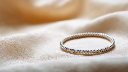 A stunning silver ring sits gracefully on a soft satin fabric, highlighting its intricate design and elegant shine. Perfect for jewelry and fashion photography.の素材