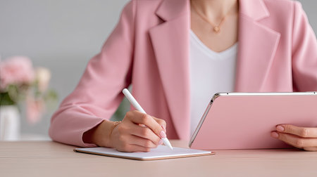 A professional woman is engaged in writing notes on a notepad while using a digital tablet in a beautifully designed office space.の素材