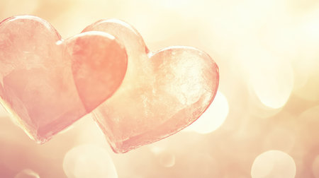 Warm glowing heart shapes in the background, with soft pink and gold tones blending together, ample central space for copyの素材