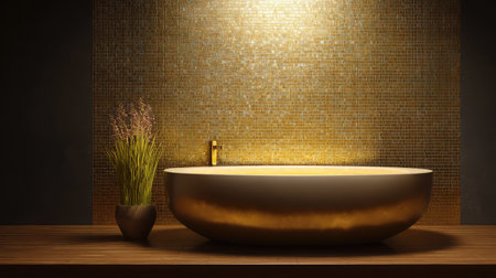 This image showcases an elegant bathroom with a modern freestanding bathtub set against a stunning golden mosaic wall, complemented by decorative plants for a luxurious and serene environment.の素材