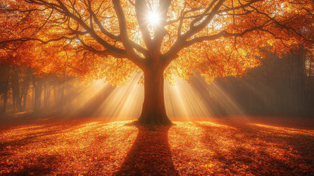 Delicate sunlight filtering through the branches of a tree, creating soft shadows on the ground, with open space in the center for textの素材