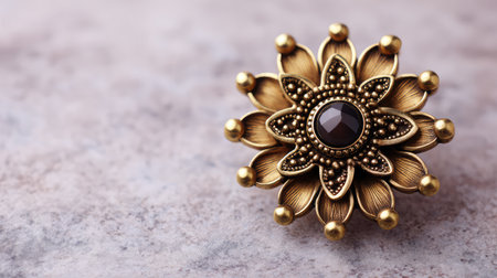 This exquisite vintage brooch showcases an intricate flower design with a black gemstone at its center, perfect for jewelry enthusiasts and fashion lovers alike.の素材