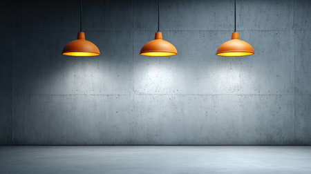 This photo showcases a minimalist interior featuring three stylish orange pendant lights elegantly suspended against a textured concrete wall, creating a modern ambiance.の素材