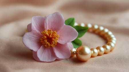 A delicate pink flower paired with an elegant pearl bracelet rests on soft fabric, creating a serene and beautiful composition perfect for jewelry and fashion photography.の素材