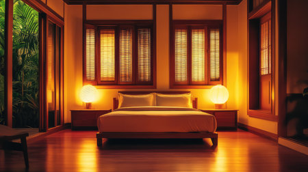 A cozy bedroom with warm lighting, wooden furniture, and Asian design elements, leaving plenty of room for overlay text or graphic designsの素材