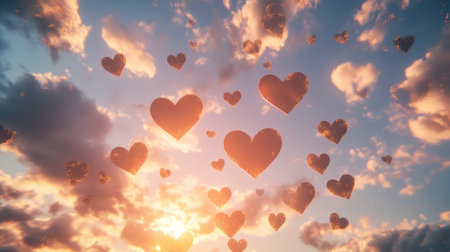 Soft glowing heart particles scattered across a dreamlike sky, creating a romantic and magical atmosphere with wide space for designの素材