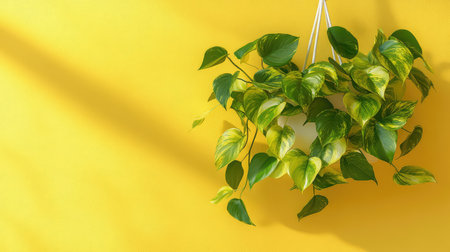 Golden pothos in modern hanging pot with soft shadows on blank pastel wall, clean area for branding or messageの素材