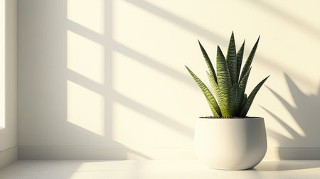 Potted plant in neutral-toned office corner, clean design and empty space for brandingの素材
