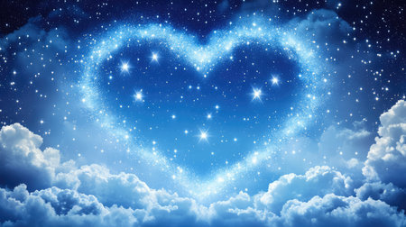 A dreamy starry night sky with soft beams of light shining on heart-shaped clouds, leaving a central space for text or graphicsの素材